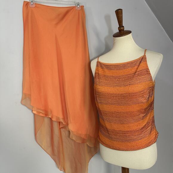 David Meister Y2K Orange Dress Vintage Skirt Set Formal Beaded Asymmetric - Picture 3 of 14